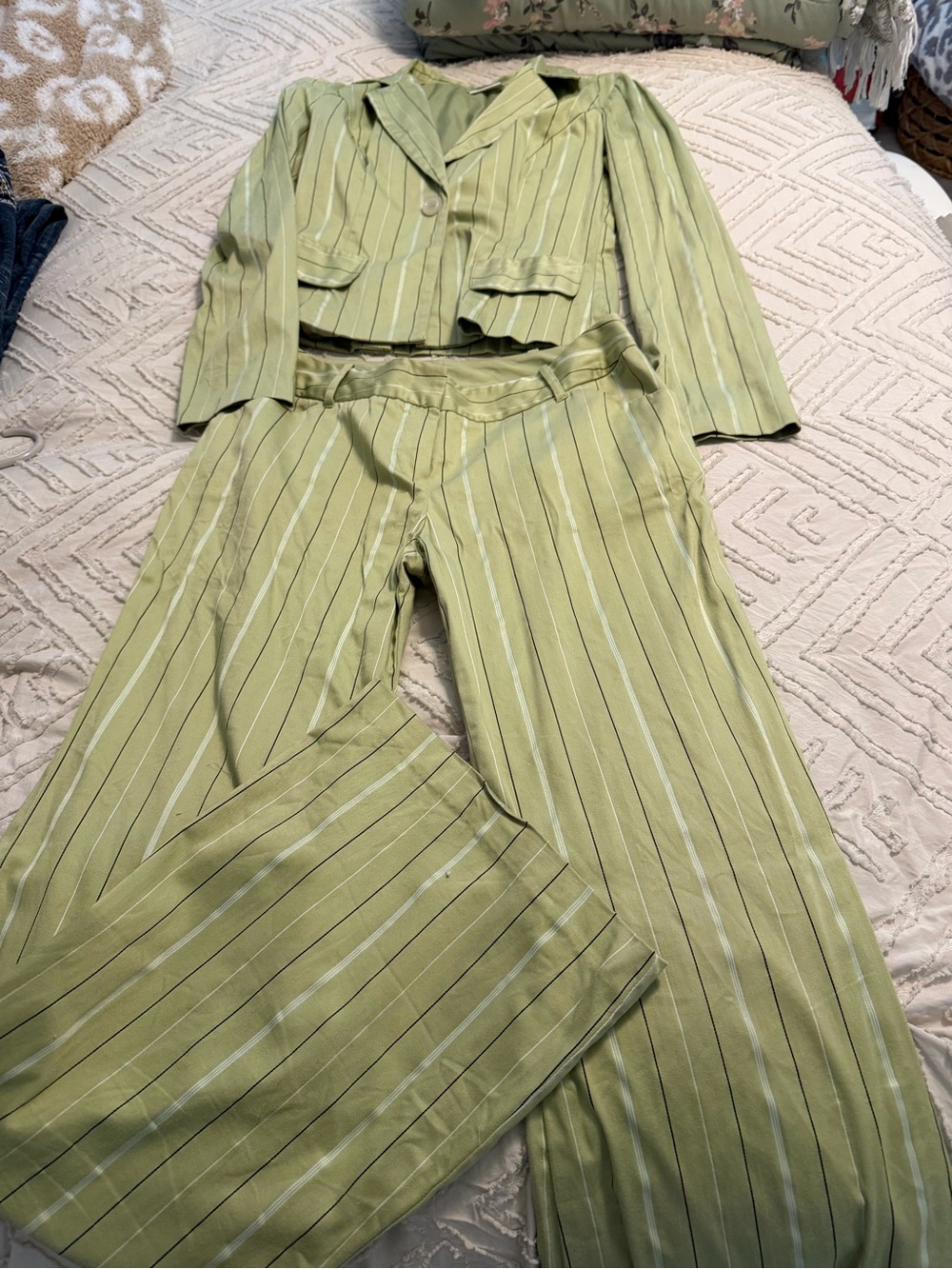 Green Striped Women's Pantsuit - Tailored Jacket & Wide-Leg Trousers